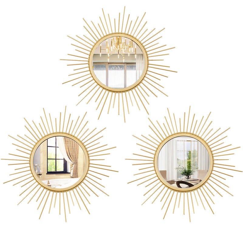 Cityelf 3 Set Gold Sunburst Mirrors for Wall Decorative Metal Mirrors Small Mirror Sets Decor Hanging Mirror Wall Sculpture for Bedroom Living Room Entryway - Image 1