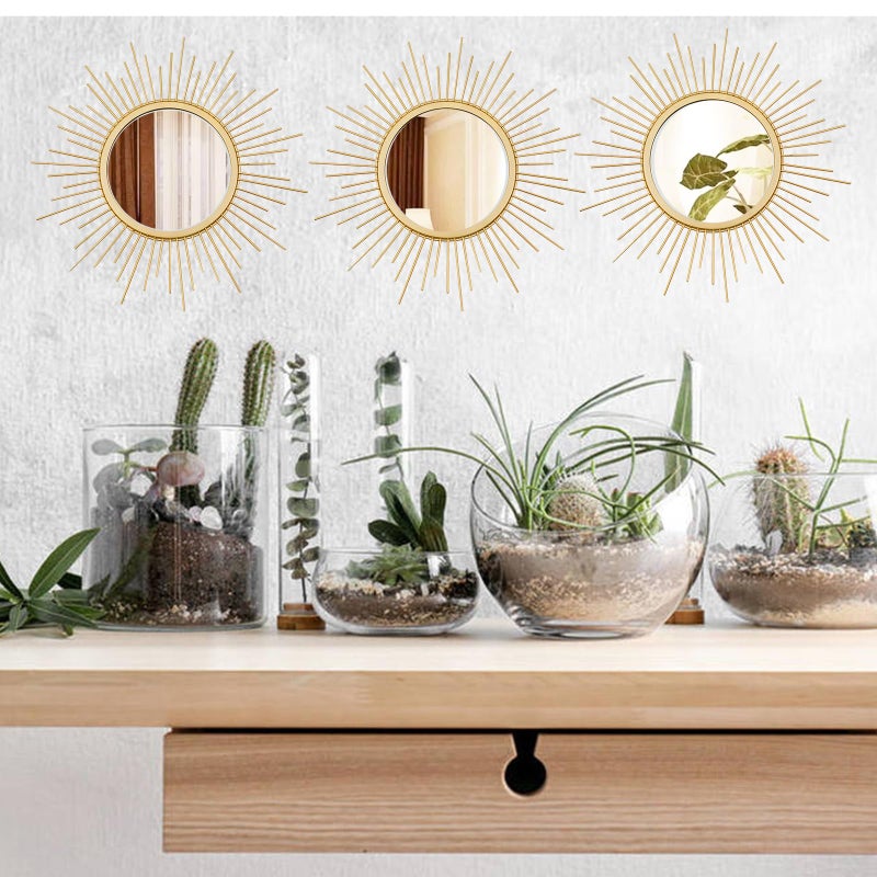 Cityelf 3 Set Gold Sunburst Mirrors for Wall Decorative Metal Mirrors Small Mirror Sets Decor Hanging Mirror Wall Sculpture for Bedroom Living Room Entryway - Image 4