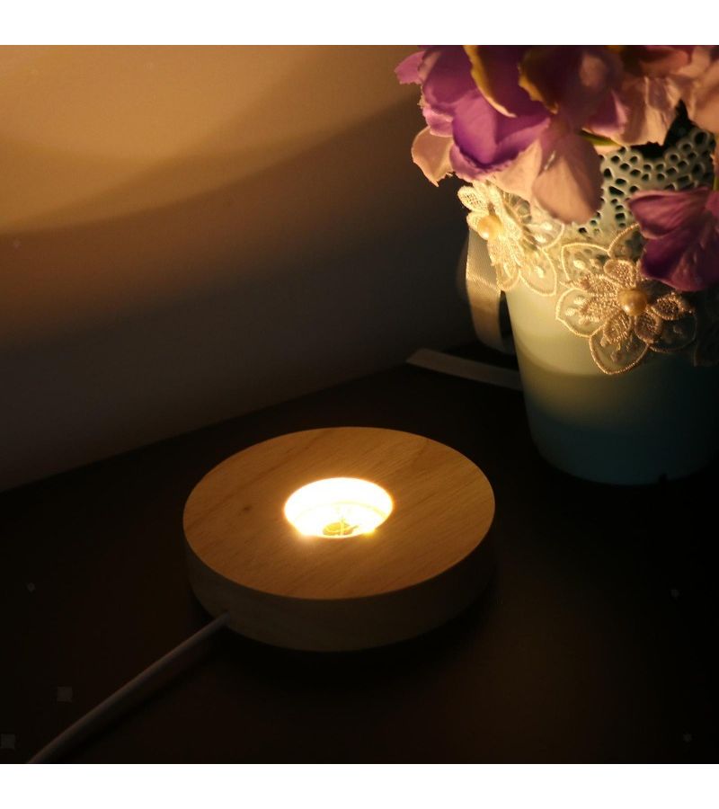 Round Wooden LED Display Stand With Warm Light For Crystal Glass Resin Art Decorative Power Supply Base - Image 4
