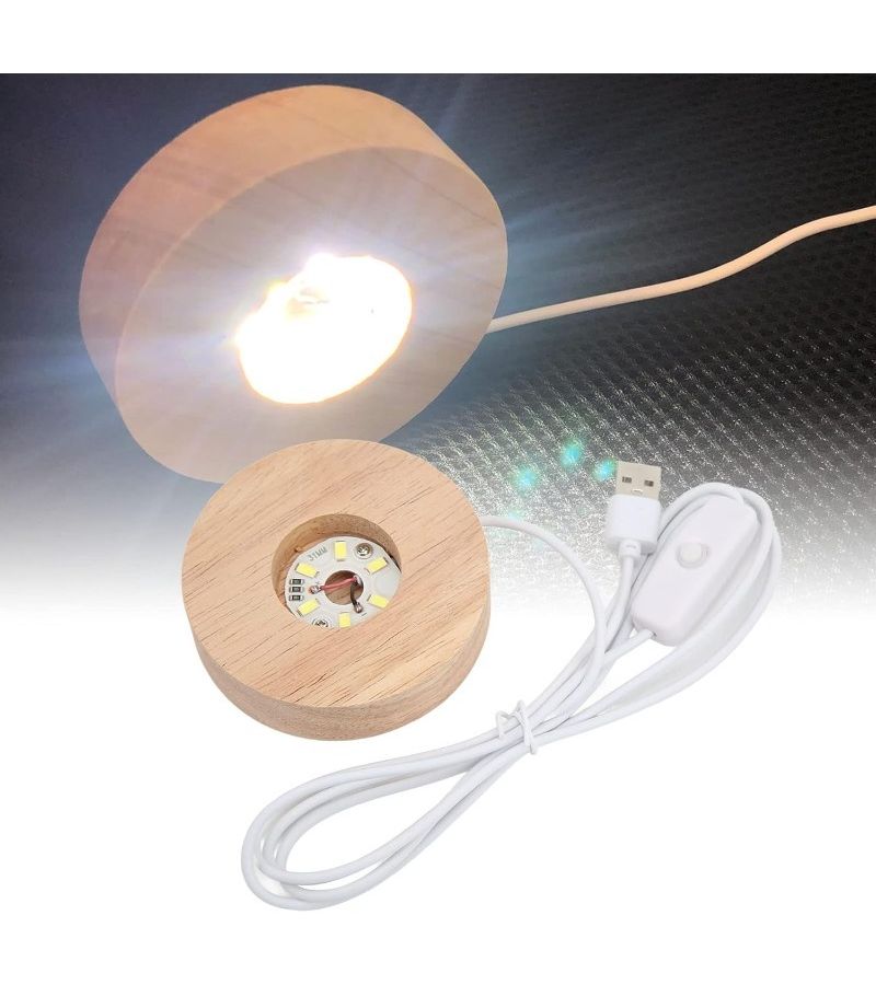 Round Wooden LED Display Stand With Warm Light For Crystal Glass Resin Art Decorative Power Supply Base - Image 3