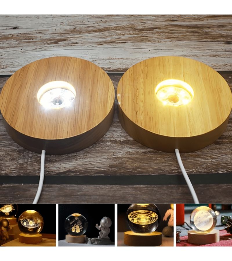 Round Wooden LED Display Stand With Warm Light For Crystal Glass Resin Art Decorative Power Supply Base - Image 2