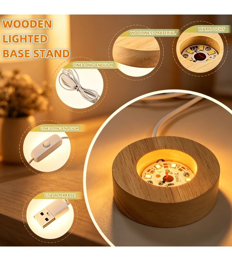 Round Wooden LED Display Stand With Warm Light For Crystal Glass Resin Art Decorative Power Supply Base - Image 1