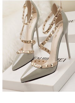 Eloshman Minimalist Shallow Mouthed Pointed Rivet Hollowed Out One Line High Heels  Grey  - Image 2