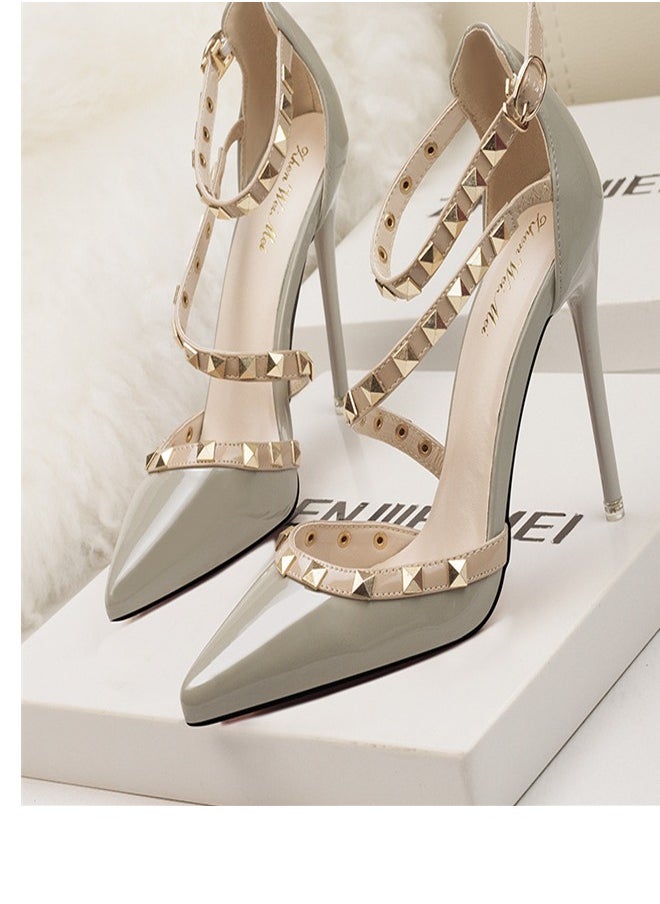 Eloshman - Minimalist Shallow Mouthed Pointed Rivet Hollowed Out One Line High Heels  Grey - Image 1