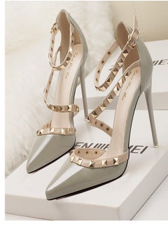 Eloshman Minimalist Shallow Mouthed Pointed Rivet Hollowed Out One Line High Heels  Grey  - Image 3