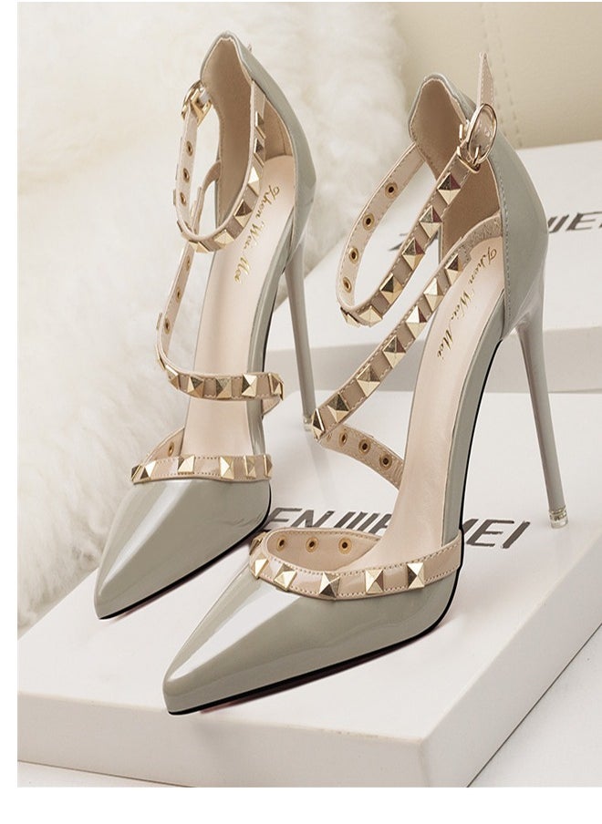 Eloshman - Minimalist Shallow Mouthed Pointed Rivet Hollowed Out One Line High Heels  Grey - Image 1