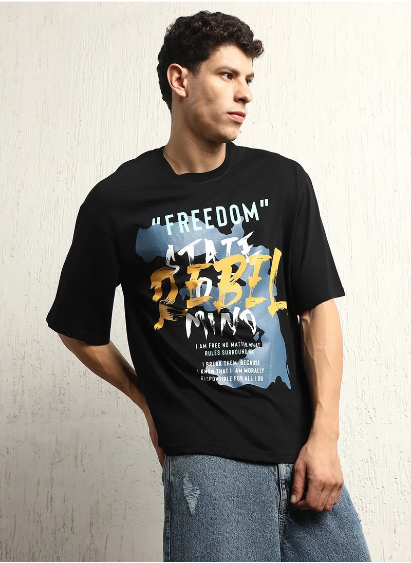 Hubberholme Black Printed Round Neck Oversized Cotton T-shirt for Men