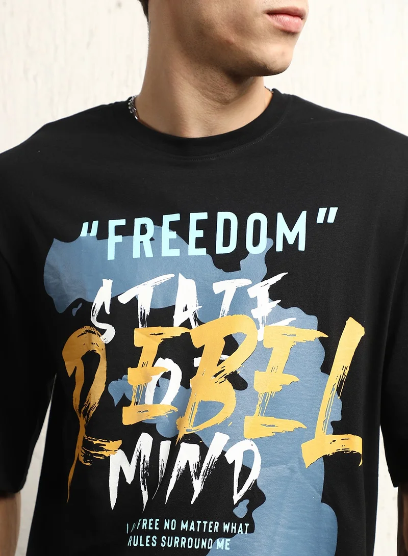Hubberholme Black Printed Round Neck Oversized Cotton T-shirt for Men