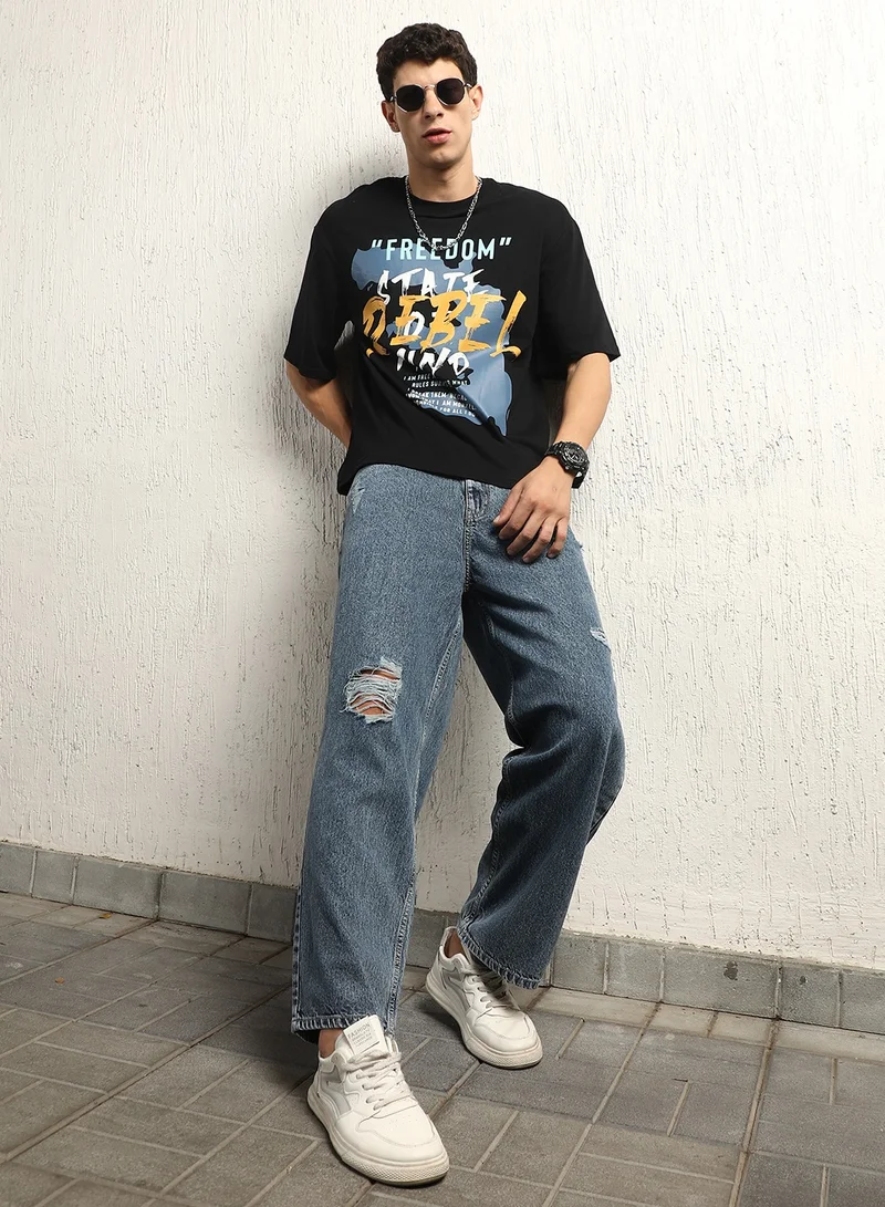 Hubberholme Black Printed Round Neck Oversized Cotton T-shirt for Men