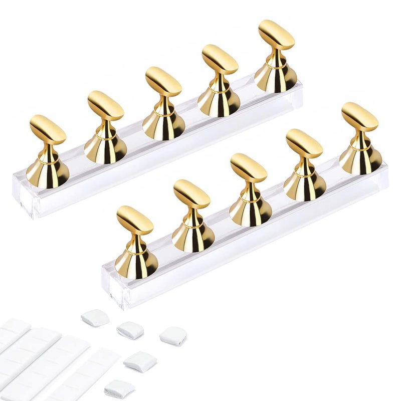 Etercycle Acrylic Nail Display Stand DIY Nail Crystal Holder Magnetic Practice Stands with Reusable Adhesive Putty Clay for False Nail Tip Manicure Tool (2 Gold) - Image 1