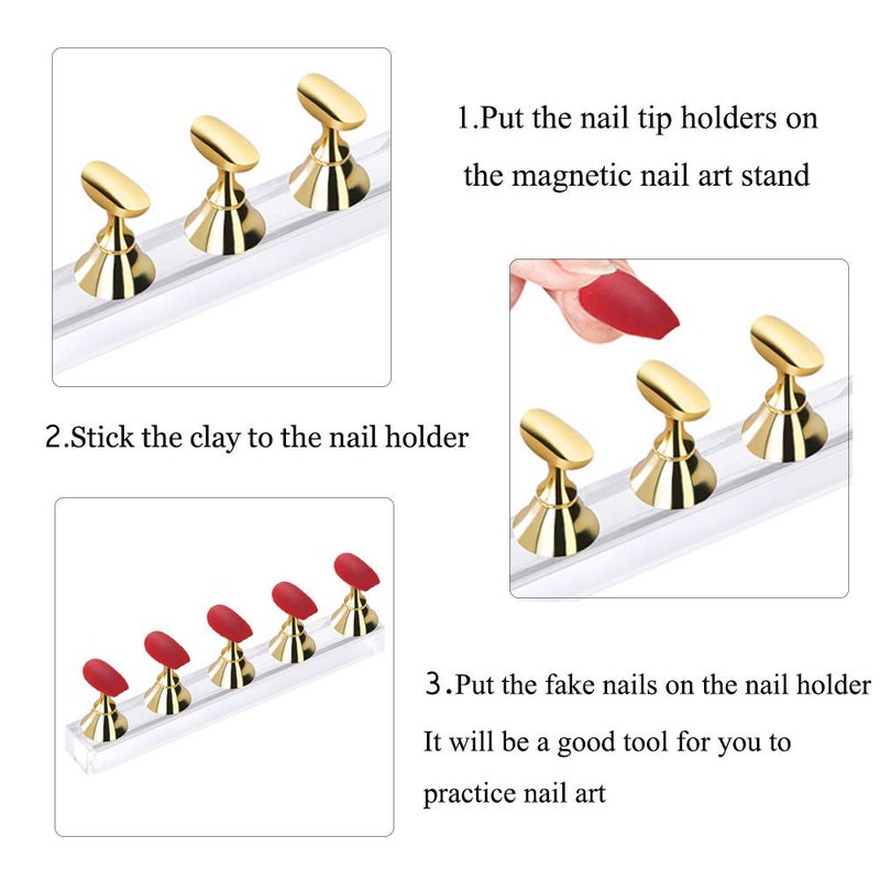 Etercycle Acrylic Nail Display Stand DIY Nail Crystal Holder Magnetic Practice Stands with Reusable Adhesive Putty Clay for False Nail Tip Manicure Tool (2 Gold) - Image 4