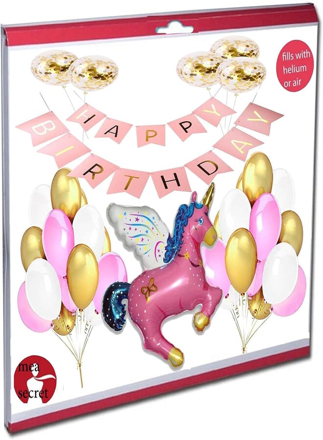 secret happy birthday - unicorn balloon set - pink & white & gold latex