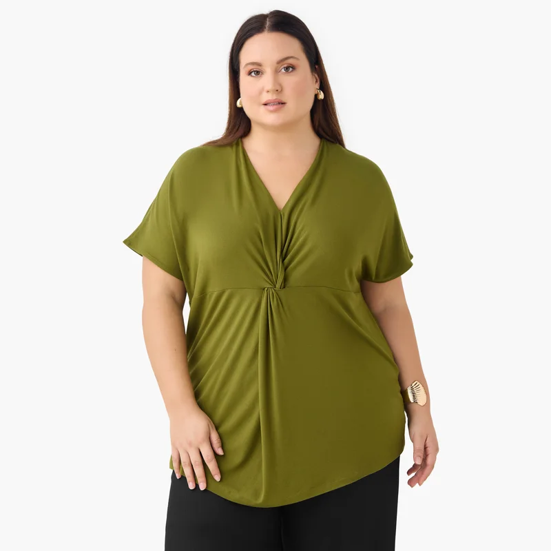 Ulla Popken Plus Size Ulla Popken Knot Detail V-neck Top