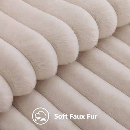 decorUhome Summer Cozy Faux Fur Throw Pillow Covers 20x20 Set of 2 Decorative Soft Plush Striped Modern Farmhouse Boho Couch Pillow Cases with Velvet Back for Sofa Bed Living Room Beige - Image 3