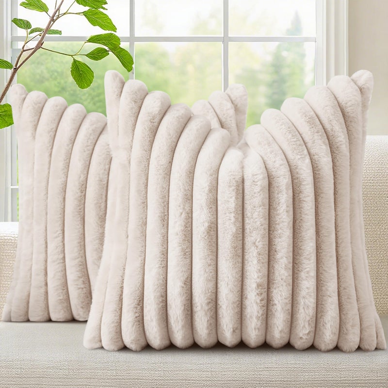 decorUhome Summer Cozy Faux Fur Throw Pillow Covers 20x20 Set of 2 Decorative Soft Plush Striped Modern Farmhouse Boho Couch Pillow Cases with Velvet Back for Sofa Bed Living Room Beige - Image 2