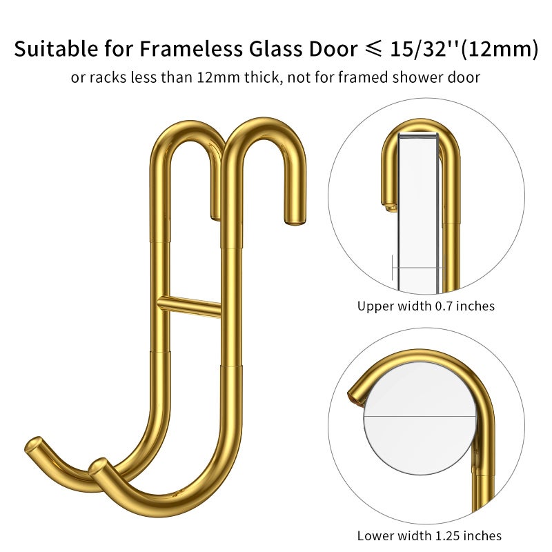 SSTOOHL Shower Door Hooks  2 Pack Over Shower Glass Door Hook  Plated Gold  304 Stainless Steel Rack Hooks  Frameless Bathroom Hanger Drilling-Free  Glue-Free Towel Hooks  For 0.47Inch(12Mm) Thickness Glass - Image 3