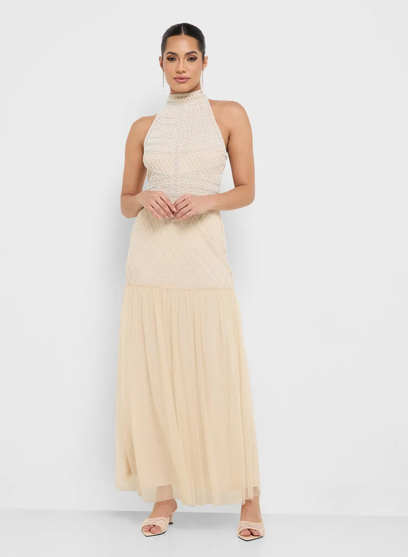 Namshi x Halter Neck Bead Embellished A Line Dress
