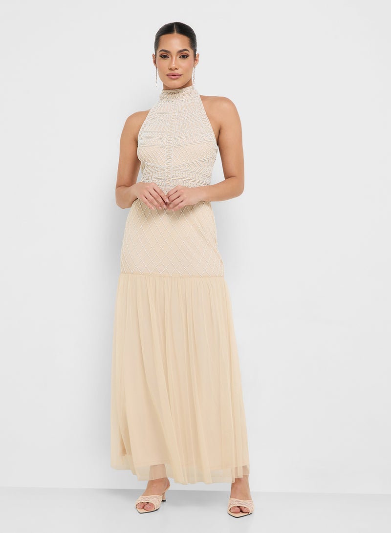 Namshi x Halter Neck Bead Embellished A Line Dress  - Image 1