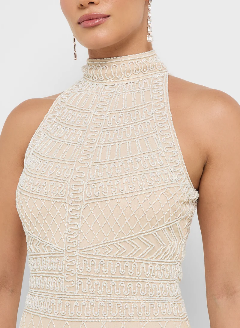Namshi x Halter Neck Bead Embellished A Line Dress