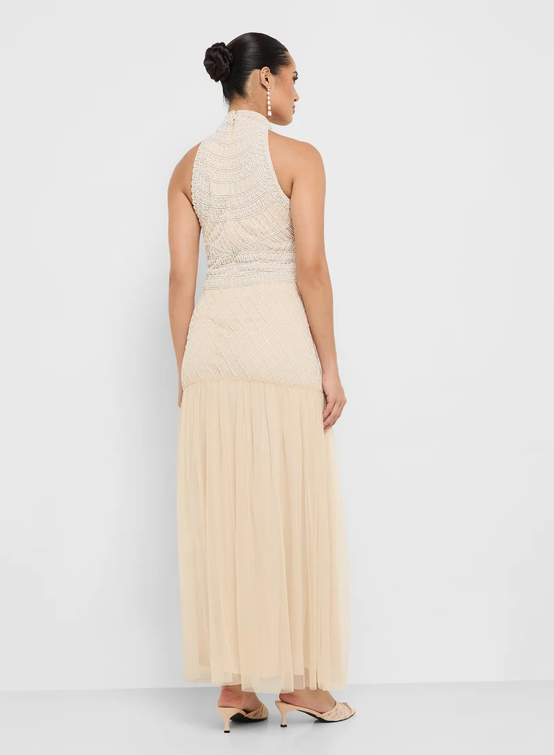 Namshi x Halter Neck Bead Embellished A Line Dress
