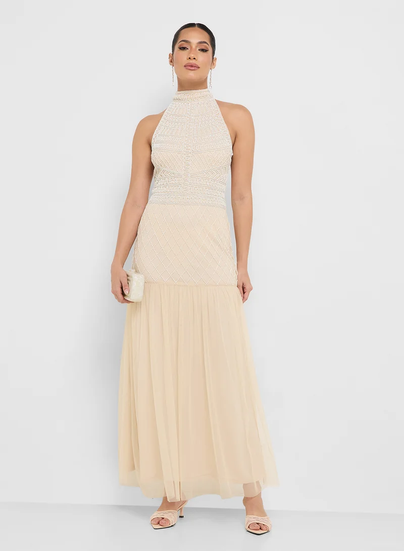 Namshi x Halter Neck Bead Embellished A Line Dress