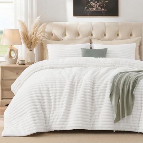 Quataly Marshmallow King Fleece Comforter Set White Faux Fur Fluffy Comforter Set Luxury Bedding Set Soft Plush Fuzzy Warm Bed Set All Season 3 Pieces (1 Shaggy Comforter, 2 Pillowcases) - Image 1