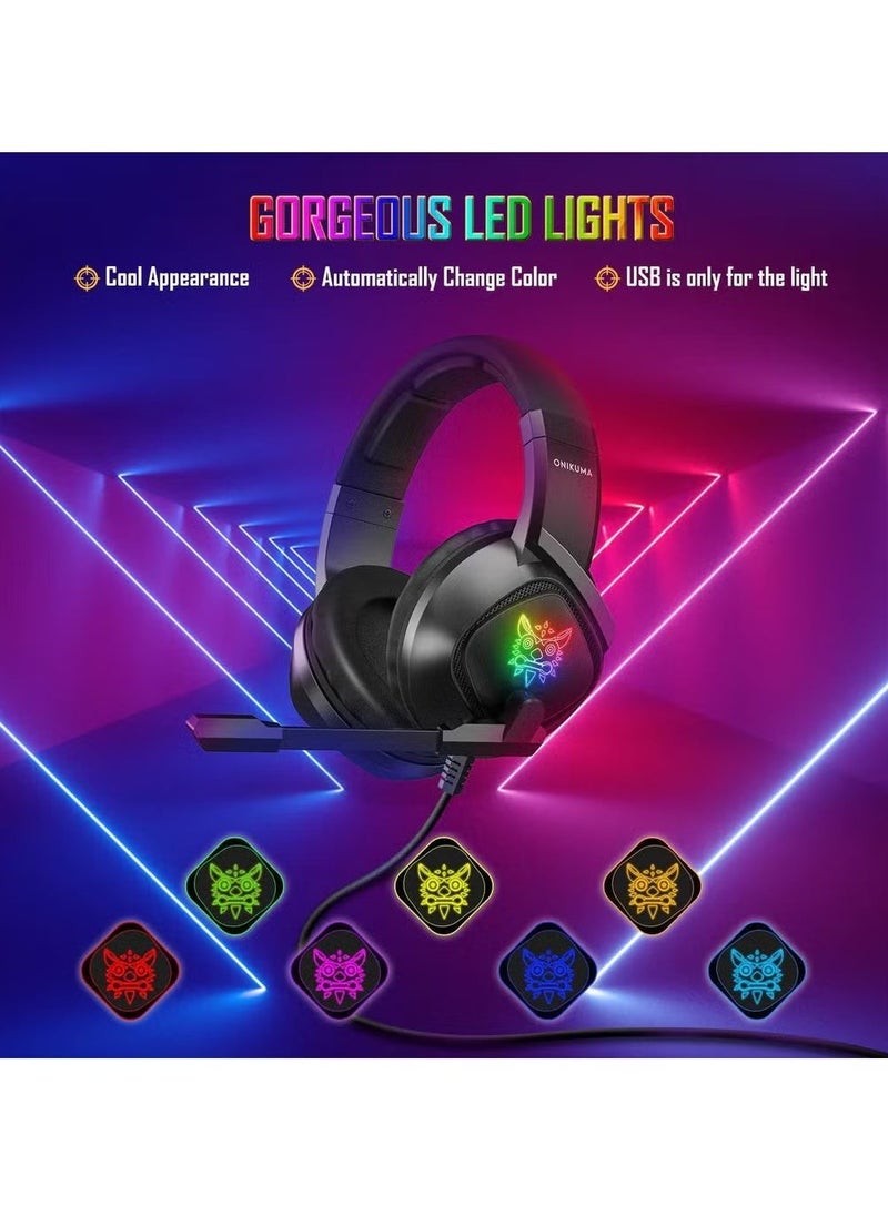 onikuma K19 Professional Gaming Headphone with RGB Backlight – High-Quality Stereo Sound, Noise-Cancelling Microphone, Adjustable Headband, Soft Cushioned Ear Pads – Ideal for Gaming, Streaming, and Communication – Compatible with PC, PS4, Xbox, and Mobile Devices - Image 3