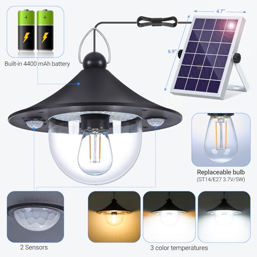 ropelux Solar Indoor Outdoor Shed Light with 3000LM 3 Color Temperatures 5 Modes (2 Daytime Available) Waterproof, Dual Motion Sensors Solar Powered Hanging Barn Light with Remote for Shed, 1 Pack - Image 5