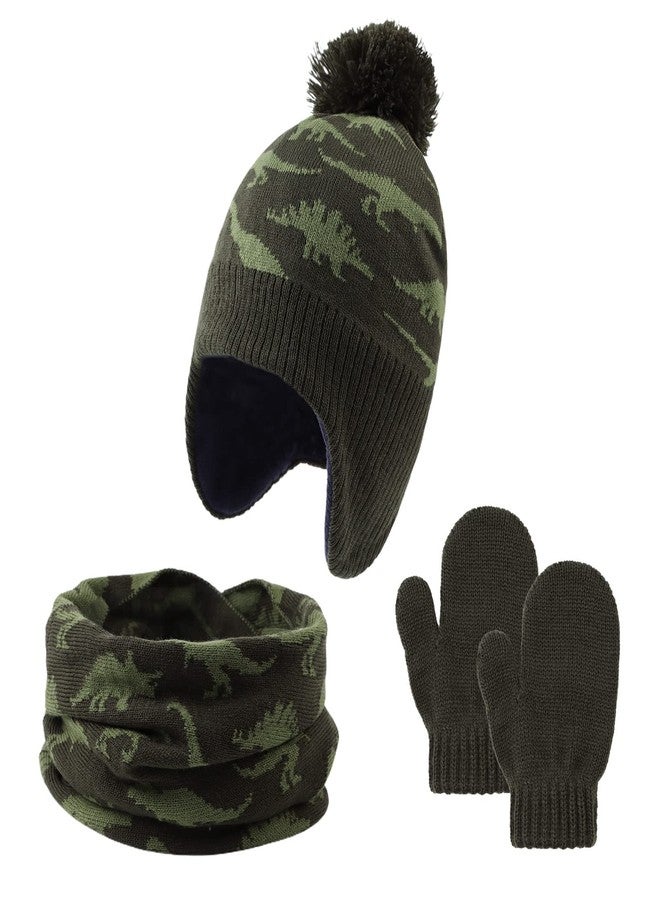 Zsedrut Baby Knitted Hats with Pompom Winter Dinosaur Kids Boy Hat Glove Set Warm Earflap Beanie for Toddler (Olive Green Dinosaur Hat Scarf Glove Set, 4-8 Years) - Image 1