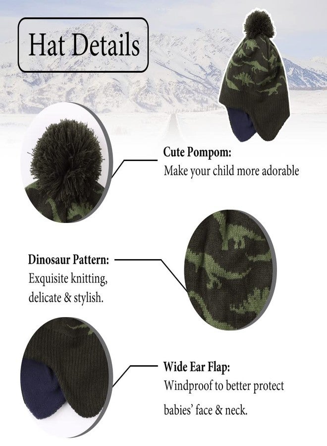 Zsedrut Baby Knitted Hats with Pompom Winter Dinosaur Kids Boy Hat Glove Set Warm Earflap Beanie for Toddler (Olive Green Dinosaur Hat Scarf Glove Set, 4-8 Years) - Image 3