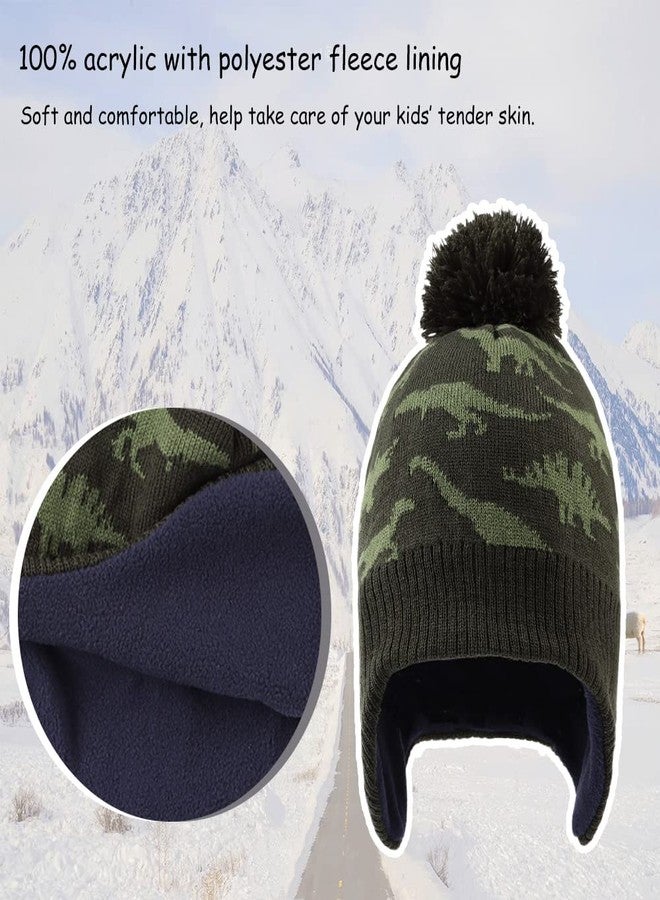 Zsedrut Baby Knitted Hats with Pompom Winter Dinosaur Kids Boy Hat Glove Set Warm Earflap Beanie for Toddler (Olive Green Dinosaur Hat Scarf Glove Set, 4-8 Years) - Image 2