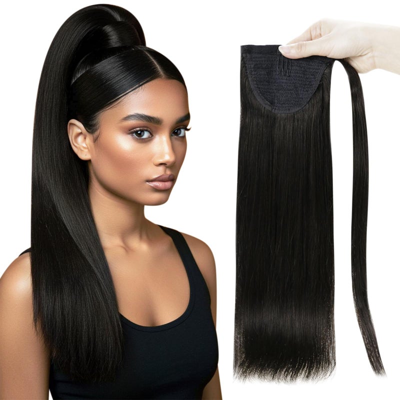 Full Shine Hair Clip Ponytail Extension Natural Hair Off Black Human Hair Ponytail Hair Extensions for Women Wrap Around Real Human Hair Long Straight 80Grams 22Inch
