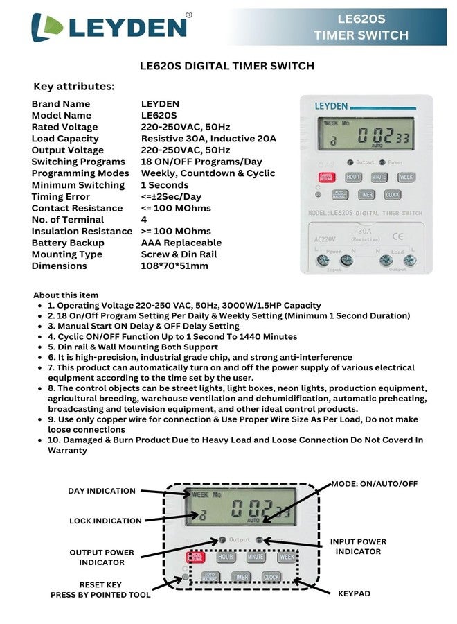 LEYDEN® LE620S 220VAC, Time ControlTimer Switch 18 Programs Per Day & Cyclic Function Switch for Industrial, Bells, Sirens, Motor, Fogger, Hydroponics System & Other Application - Image 2