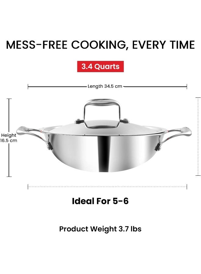 VINOD Platinum Triply Stainless Steel Extra Deep Kadhai/Cooking Pot with Stainless Steel Lid, Capacity 3.2 Litre, Dia 24 cm | 2.5mm Thick| Induction and Gas Stove Friendly|SAS Metal  - Image 3