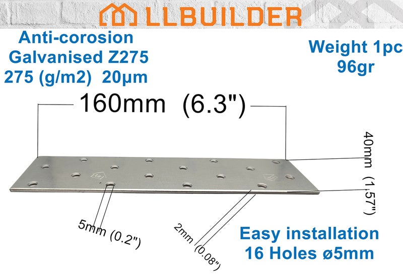 LLB LLB Pack of 10pcs Flat Connecting Joining Plates Repair Connector Mending Galvanised Brace Bracket Perforated Metal Steel Sheet Timber Wood Fixing Heavy Duty 6" x 1.5" (160 x 40 x 2mm) - Image 2