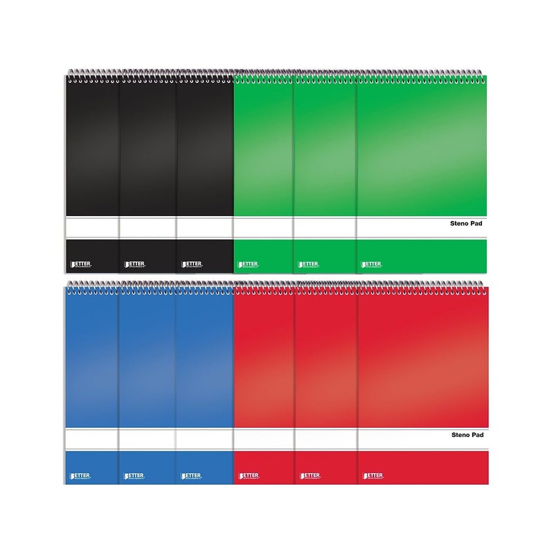 Better Office Products Spiral Steno Pads, 12 Pack, 6 x 9 inches, 80 Sheets, White Paper, Gregg Rule, Assorted Solid Colors (Red, Black, Blue, Green), 12 Steno Notebooks - Image 1