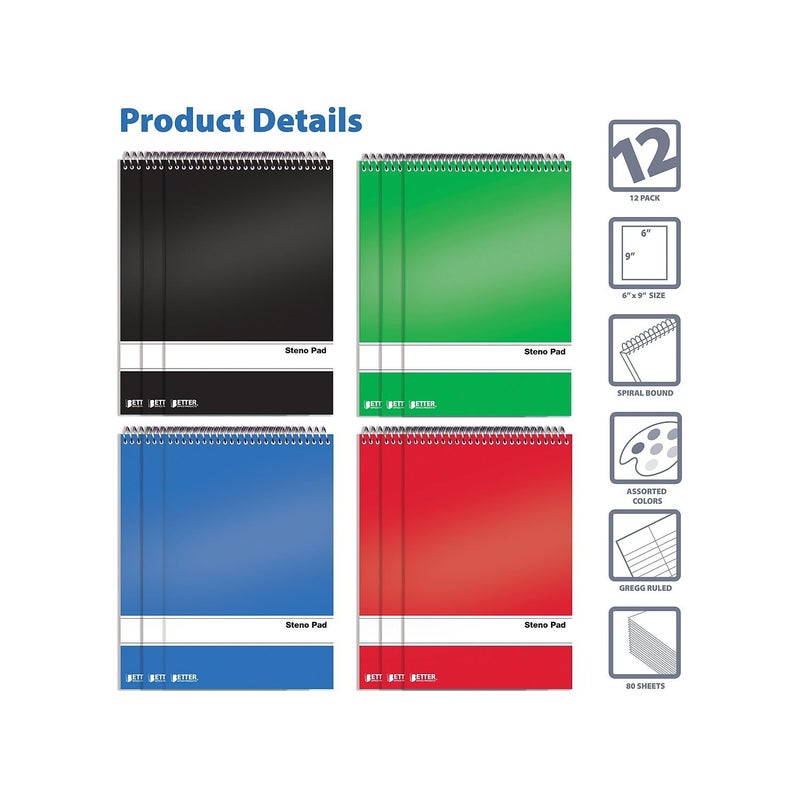 Better Office Products Spiral Steno Pads, 12 Pack, 6 x 9 inches, 80 Sheets, White Paper, Gregg Rule, Assorted Solid Colors (Red, Black, Blue, Green), 12 Steno Notebooks - Image 2