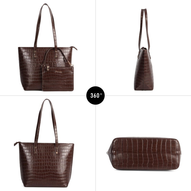 Chinllo Tote Bag for Women, Medium Crocodile Top Handle Handbags Purse Set with Clutch Bag (Dc.Coffee) - Image 5