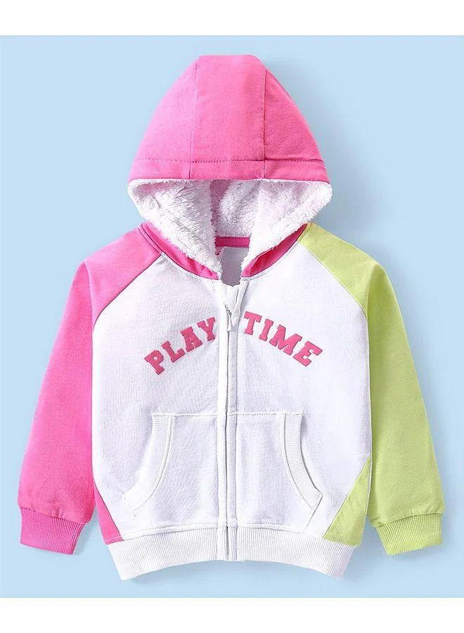 Babyhug Babyhug Terry Cotton Knit Full Sleeves Text Printed Hooded Top & Jogger Pants Set - Pink & White