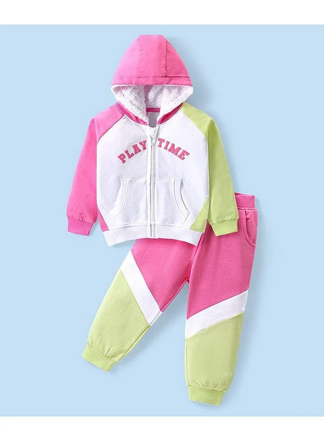 Babyhug Babyhug Terry Cotton Knit Full Sleeves Text Printed Hooded Top & Jogger Pants Set - Pink & White