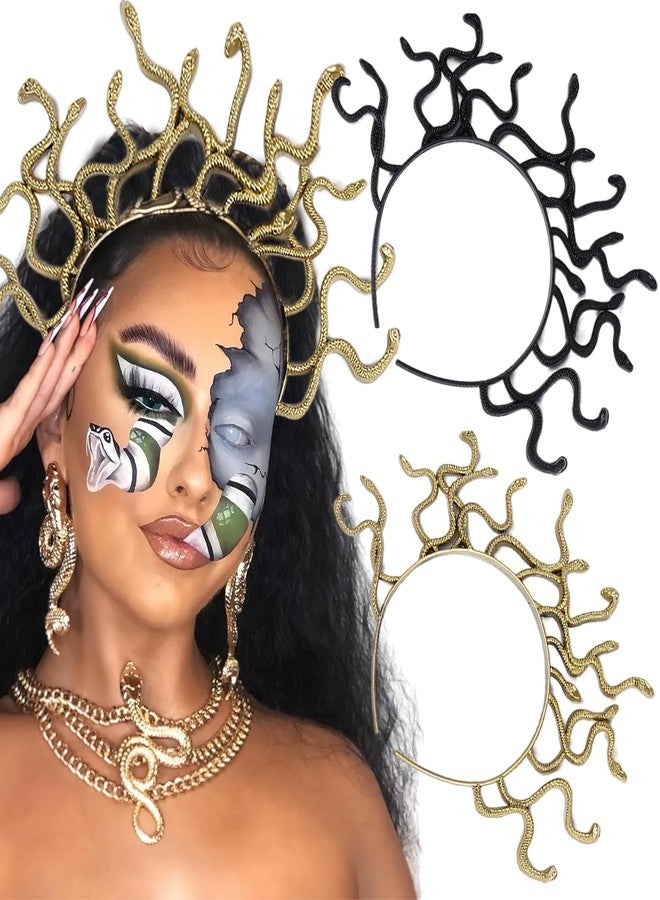 BASEMMAHER 2Pcs Halloween Medusa Snake Headband Greek Goddess Headdress Cosplay Costume Headpiece Egypt Black Gold Snake Hair Accessories for Women Girls Halloween Masquerade Party Supplies - Image 1