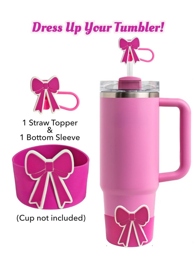 Bowknot Straw Cover & Cup Bottom Sleeve Set for Stanley 20-40 oz – Hot Pink Silicone Tumbler Accessories for 2.8–2.95 inch Base & 9–10mm Straws – Cute Durable Fit for Owala, Hydro Flask, Yeti, Simple Modern - Image 1