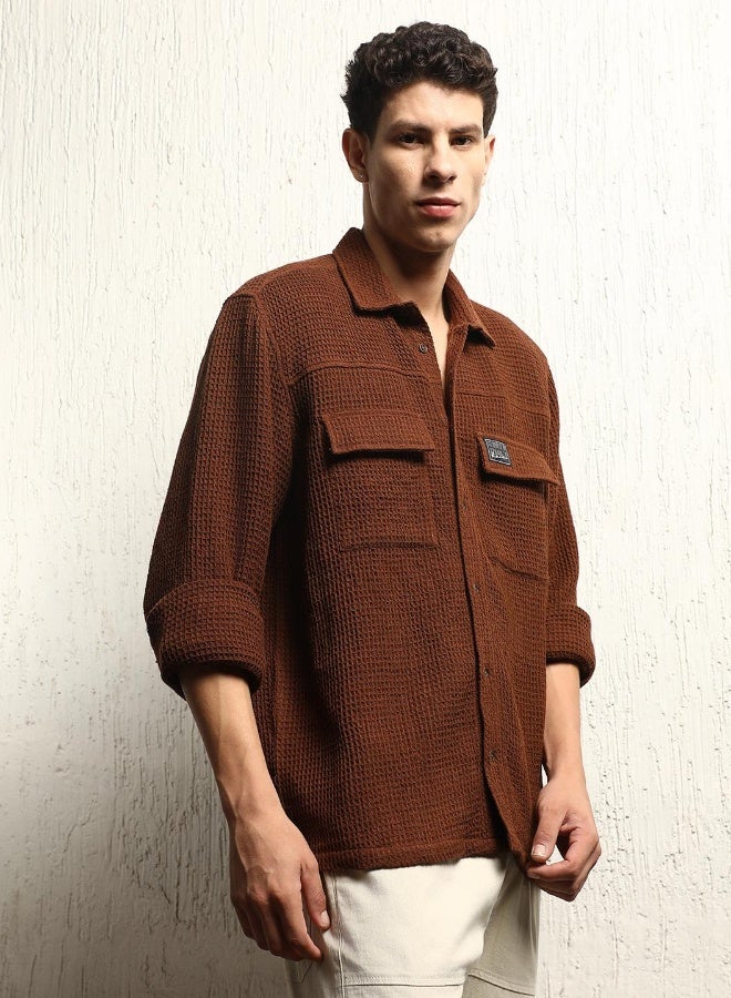 Hubberholme Men's Brown Cotton Blend Solid Pattern Button Down Oversized Shirt  - Image 1