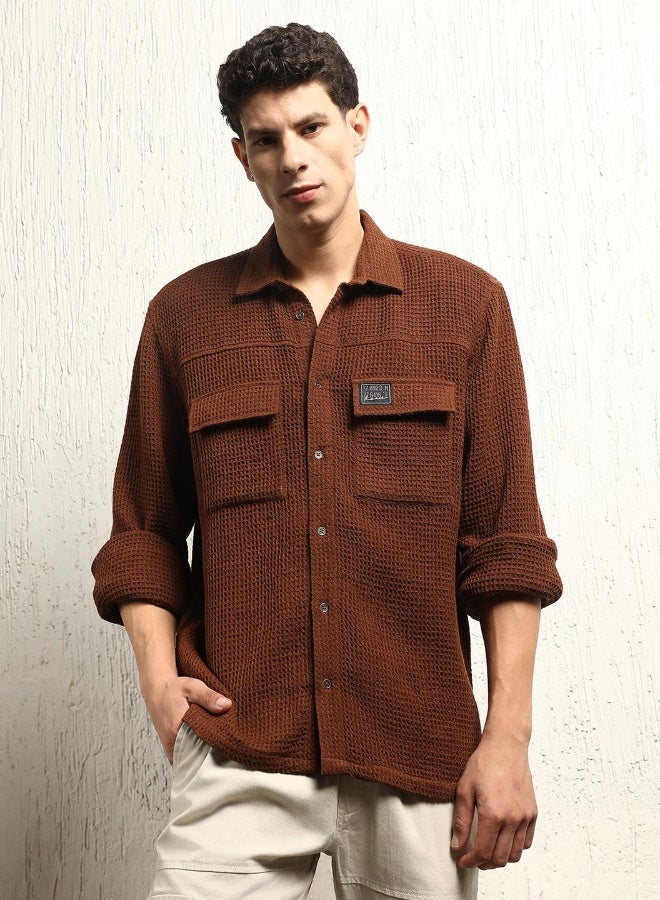 Hubberholme Men's Brown Cotton Blend Solid Pattern Button Down Oversized Shirt  - Image 2