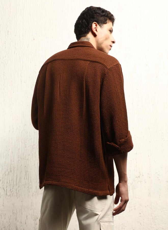Hubberholme Men's Brown Cotton Blend Solid Pattern Button Down Oversized Shirt  - Image 5