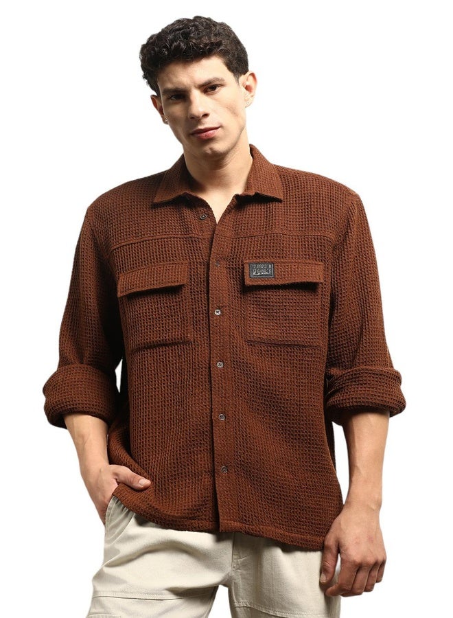 Hubberholme Men's Brown Cotton Blend Solid Pattern Button Down Oversized Shirt  - Image 4