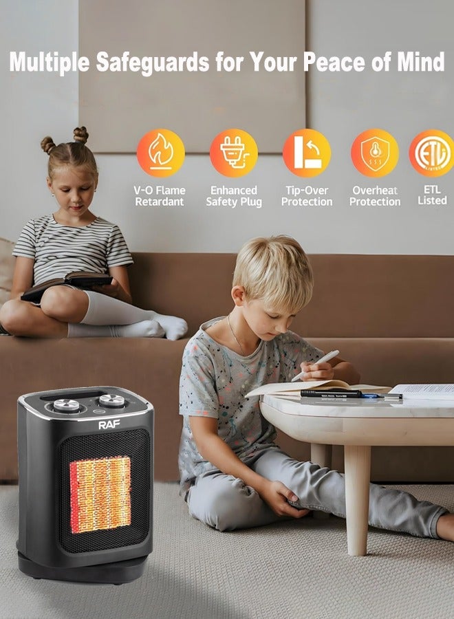 RAF Space Heater, 1800W Portable Electric Heaters for Indoor Use, PTC Ceramic Heater for Office with Oscillation, Thermostat,5 Modes , With Overheat and Tip-Over Protection,Quiet Room Heater for Bedroom,R.1188B Black - Image 2