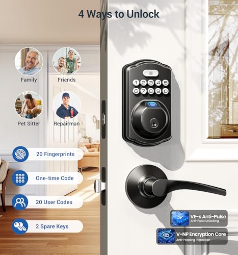 Veise Fingerprint Door Lock with 2 Lever Handles - Keyless Entry Door Lock, Electronic Keypad Deadbolt, Digital Smart Code & Front Handle Sets, Auto-Locking, Easy Installation, Matte Black - Image 3