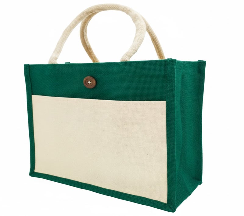 12 PIECES - Jute Shopping Tote Bag with Cotton Pocket,Two-Tone Button Closure (NATURAL JUTE/GREEN CANVAS WITH BOTTON) 41 X 33 X 15 - Image 2