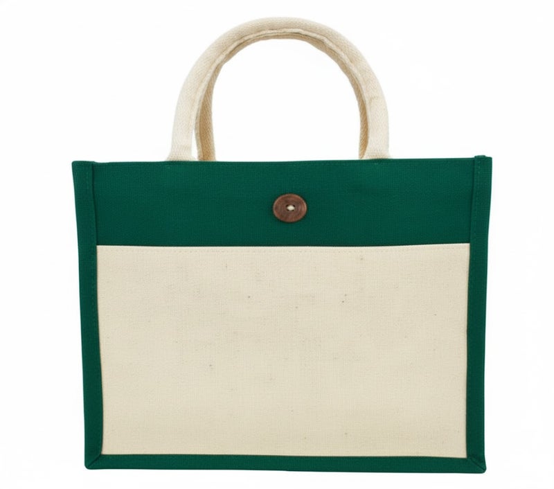 12 PIECES - Jute Shopping Tote Bag with Cotton Pocket,Two-Tone Button Closure (NATURAL JUTE/GREEN CANVAS WITH BOTTON) 41 X 33 X 15 - Image 1